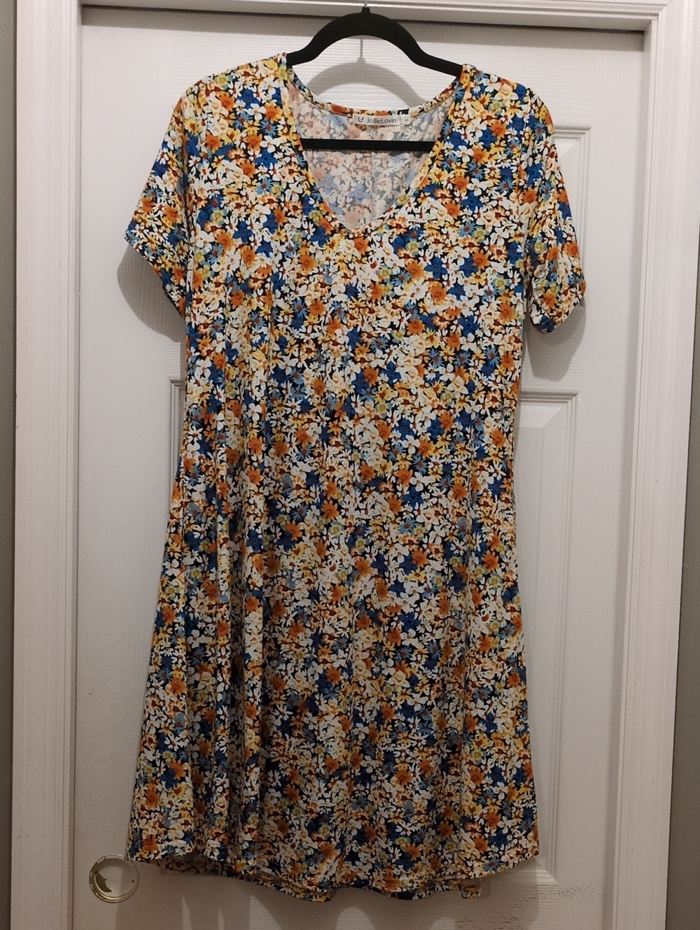 Women's L Short Sleeve V Neck Swing Dress Floral Orange Rust Blue Black